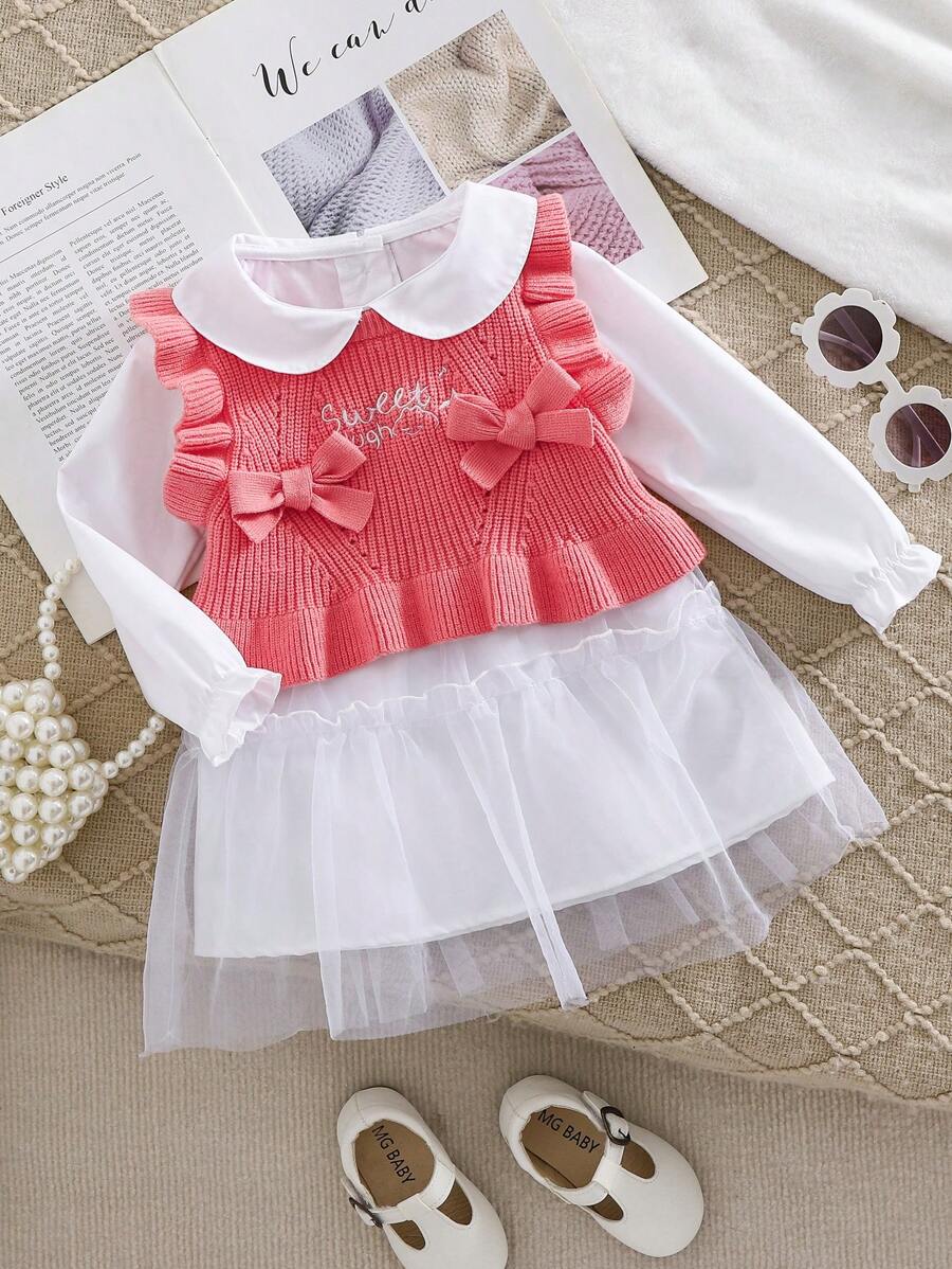 Ensemble pull et robe en tricot mignon et simple pour bébé fille en automne et hiver. Artisanat délicat de qualité, avec un nœud décoratif qui montre l'élégance princière. La jupe en tulle rend les filles charmantes et mignonnes. Les bordures à volants sont adorables. Convient pour la maison, les sorties, les dîners, les fêtes, la cour de récréation et plus encore. - Multicolore - Voir 1