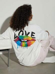 SHEIN Unity 女士白色字母唇印休闲 T 恤，夏季 - 彩色 - 查看 1