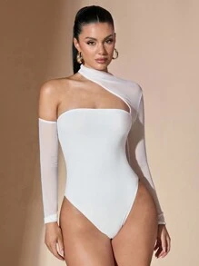 SHEIN BAE Black Mesh Contrast Bodysuits, Asymmetrical Bodysuits, Strapless Bodysuits For Women - Concert Women Outfits, Festival Outfits, Summer Tops - White - View 3