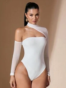 SHEIN BAE Black Mesh Contrast Bodysuits, Asymmetrical Bodysuits, Strapless Bodysuits For Women - Concert Women Outfits, Festival Outfits, Summer Tops - White - View 4