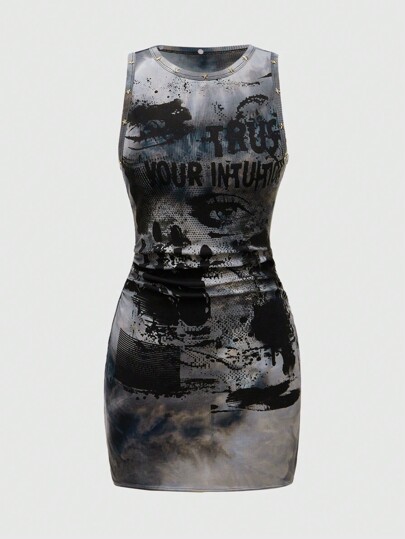 Grunge Punk Punk Style Eye & Slogan Allover Print Tie-Dye Women's Bodycon Dress With Slit