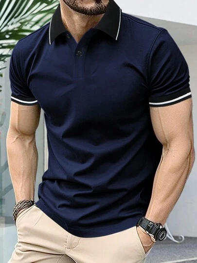 Manfinity Homme Camisa polo de manga corta para hombre con detalles a rayas para un look casual de verano