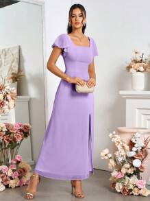 SHEIN Belle Vestido feminino maxi com fenda e decote quadrado sem costas para dama de honra - Roxa - Ver 3