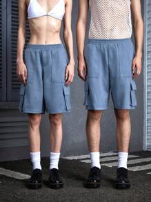 Manfinity VCAY Men's Unisex Y2K Wasteland Style Dune Style Doomsday Style Decadent Washed Blue Velvet Leather Woven Suede Loose Young Casual Street Style Mid-Waist Shorts Straight Shorts Suitable For Summer And Daily Use