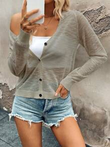 Chiquease Women's Solid Color V-Neck Long Sleeve Loose Casual Cardigan, Spring And Summer