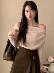 DAZY 女士纯色简约露肩垂坠T恤，适合日常穿着、秋季服装、返校服装长袖女式上衣 - 粉色 - 查看 5