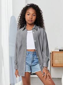 SHEIN Camisa deportiva casual de manga larga a rayas tejida estilo universitario para niñas preadolescentes