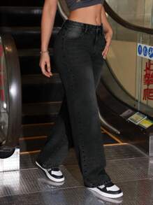 SHEIN ICON Black Low-Waist Retro Washed Straight-Leg Jeans - Black - View 3