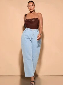 SHEIN BAE 大码女式甜美夏季垂坠领无袖撞色蕾丝紧身衣 - 咖啡棕 - 查看 4