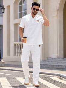 Manfinity BRENVOR 2pcs Men's Fitted Knit Casual T-Shirt & Pants Set For Summer, Cozy Outfits