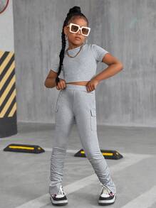 SHEIN Tween Girls' Fashion Streetwear Solid Color Fitted Crewneck Tee And Long Pants Set - Light Grey - View 2