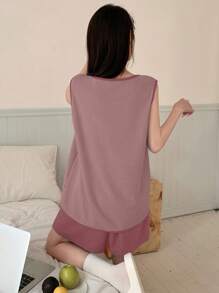 DAZY Màu sắc tương phản đơn giản Trang trí hình trái tim & chữ in Bộ đồ ngủ không tay và quần short - Hồng - Xem 2