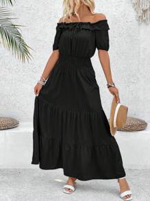 Breezaya Vestido Feminino de Cor Única com Gola Cruzada e Bainha Frisada, Estilo Casual de Verão - Preto - Visão 1