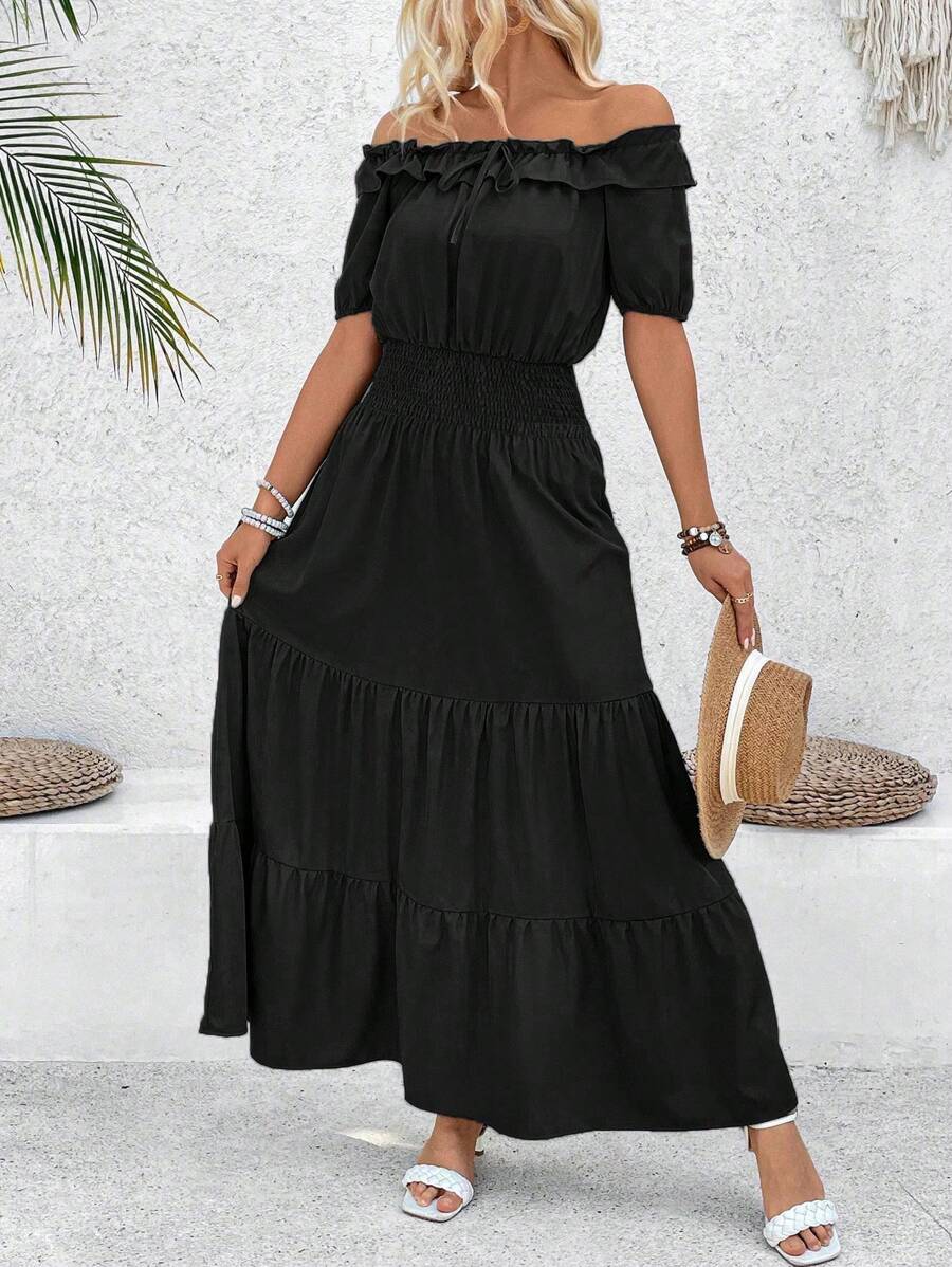 Breezaya Vestido Feminino de Cor Única com Gola Cruzada e Bainha Frisada, Estilo Casual de Verão - Preto - Visão 1