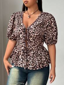 SHEIN EZwear 大码女式夏季豹纹系带短款泡泡袖荷叶边下摆衬衫 - 彩色 - 查看 3