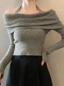 SHEIN EZwear Women's Solid Color Cold Shoulder Pullover Sweater, Spring & Autumn