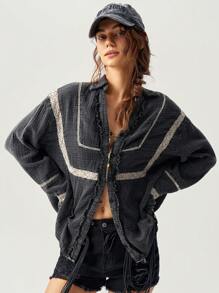 Bohemela Blusa casual de mujer con lavado y encaje de contraste para vacaciones, Blusa holgada de mujer con cuello en V, mangas largas y encaje de contraste en gris oscuro, uso casual diario en primavera/otoño