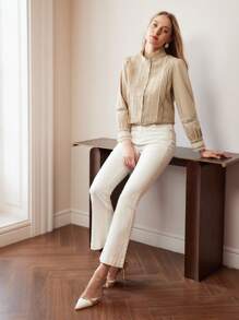 MOTF PREMIUM LACE INSERT FRILL MOCK NECK SHIRT