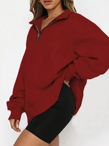 Plus Size Casual Zipper Long Sleeve Sweatshirt, For Everyday Wear - Red - View 3