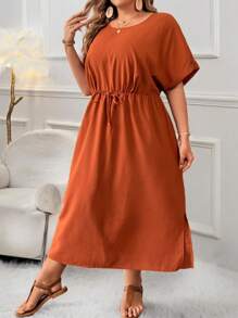SHEIN CURVE+ Plus Size Dress With Strap And Slit - Rust Brown - View 5