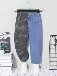 Jungen Farbblock Camo gewaschene Denim Jogger mit Cargo-Stil - Verschiedenfarbig - Übersicht 3