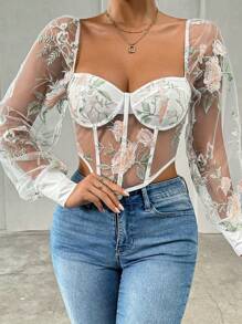 Allurite Women's Summer Sexy Floral Embroidery Sheer Mesh Sweetheart Collar Blouse