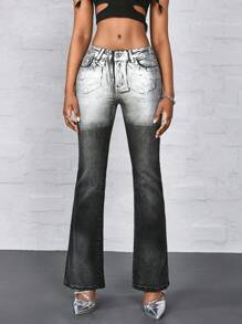 Jeanoix Silver Hot-Stamping Distressed Elastic Pocket Button Skinny Flare Jeans Grunge Skinny Bootcut Jeans