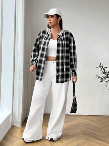 SHEIN EZwear Plus Size Women's Casual Plaid Splice Design Loose Hooded Shacket For Fall & Winter - Multicolor - View 4