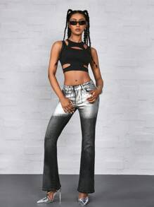 Jeanoix Silver Hot-Stamping Distressed Elastic Pocket Button Skinny Flare Jeans Grunge Skinny Bootcut Jeans