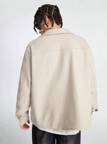 Manfinity VCAY Men's Solid Color Loose Fit Woolen Casual Jacket, Fall Plain Fashion Overcoat For Friends