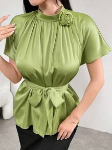 Modelyn Women's Elegant Solid Color 3D Floral Decor Collar Blouse, Summer