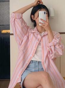 DAZY 女士条纹翻领长袖宽松衬衫，秋装 - 粉色 - 查看 8