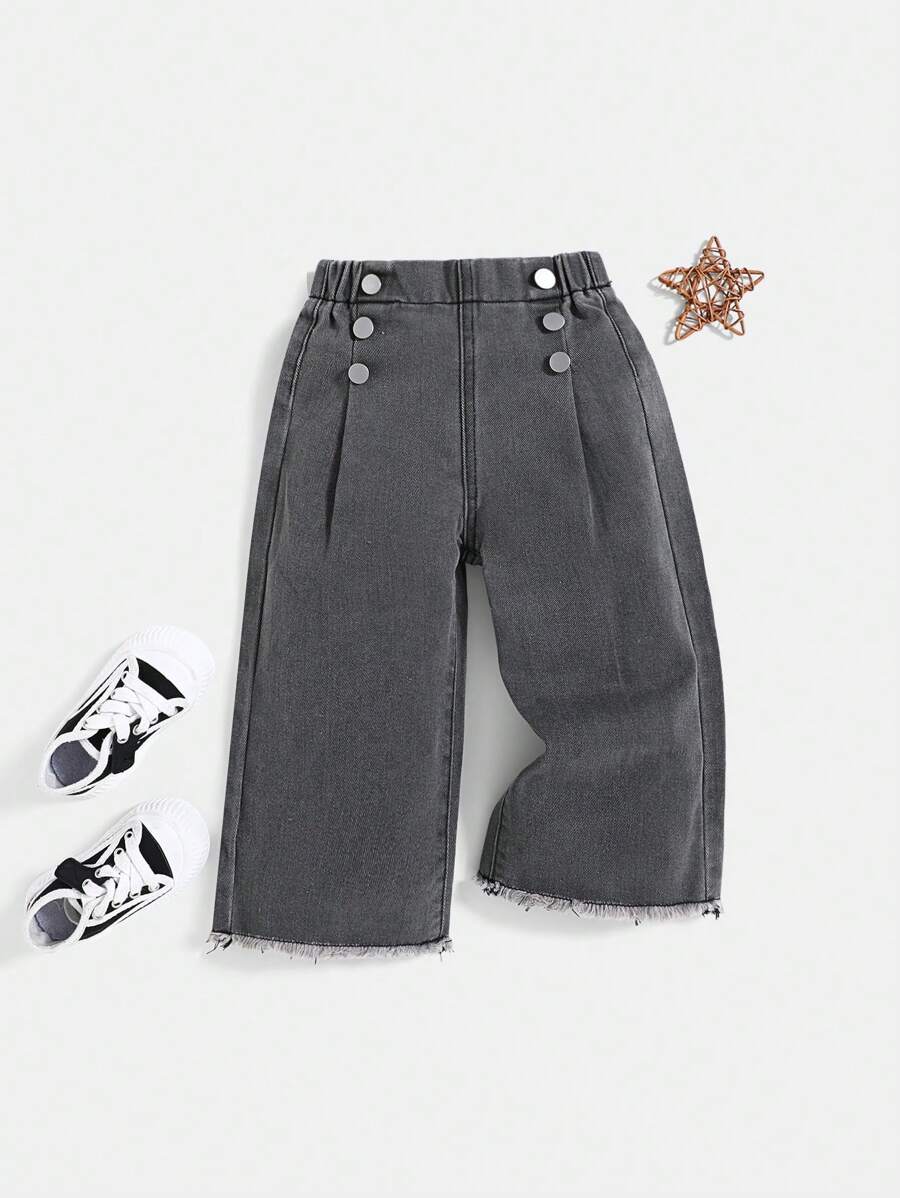 YOUNG GIRL Casual All-Match Daily Versatile Button Front Detail Elastic Waist Raw Hem Wide Leg Jeans - Light Grey - View 1