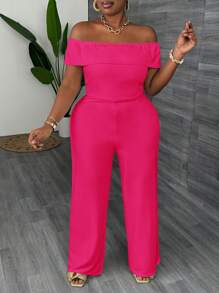 Slaydiva Plus Size Elegant Solid Color Off-Shoulder Slim Fit Jumpsuit For Women, White, Summer