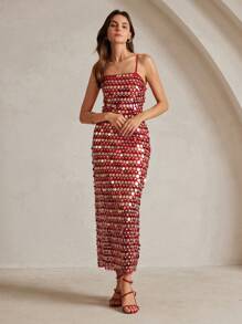 Anewsta 1pc Beaded Long Bodycon Dress With Side Slit, Red For New Year Clothes Maxi Women Outfit - Red - View 5