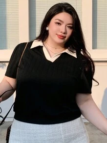 Dazy Plus Color Block Splice Lapel Solid Fitted Short Sleeve Slim Fit T-Shirt, Spring/Summer,Teacher Outfits - Black - View 4