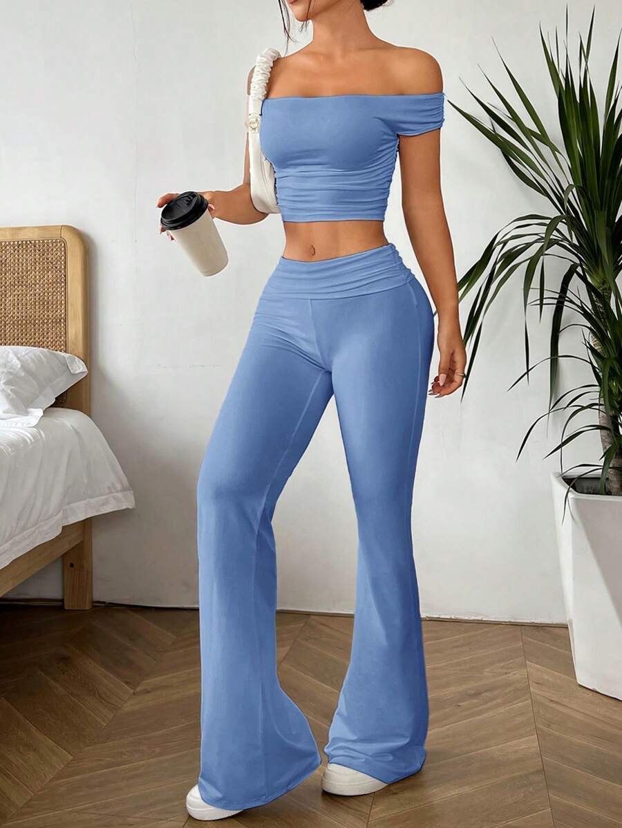 SHEIN EZwear 2 件套女士露肩纯色上衣和裤子套装 - 藍色 - 查看 1