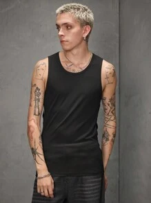Manfinity VCAY Maglietta casual da uomo aderente, senza maniche, con scollo a girocollo e design traforato, adatta per l'estate - nero - Visualizzare 4