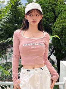 DAZY 女士春秋季休闲字母印花短款 T 恤长袖女上衣