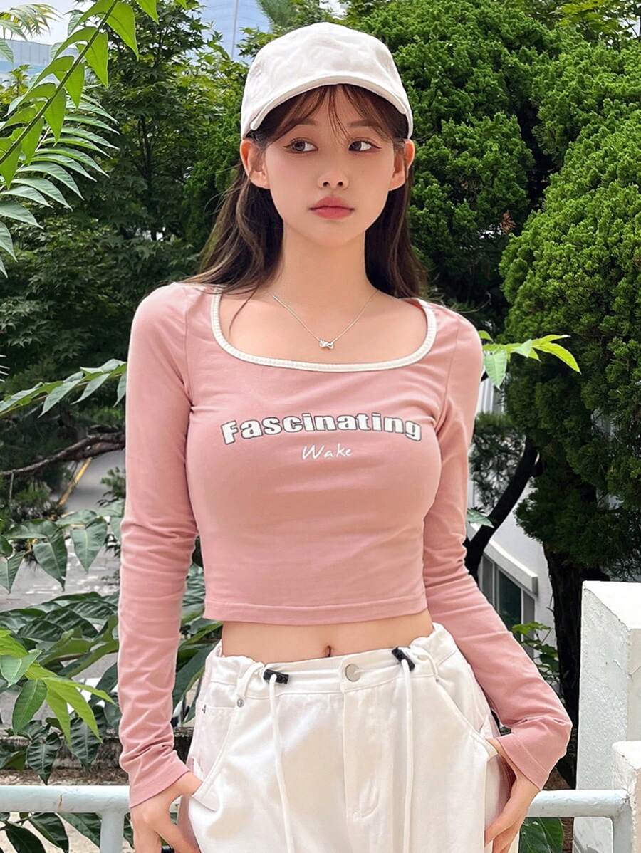 DAZY 女士春秋季休闲字母印花短款 T 恤长袖女上衣