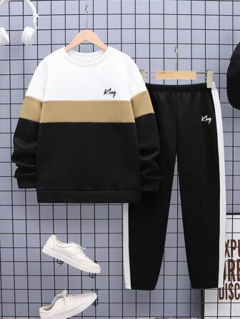 SHEIN 2-delige Tween jongensset met verlengde patchwork-hoodie en joggingbroek, herfst/winter