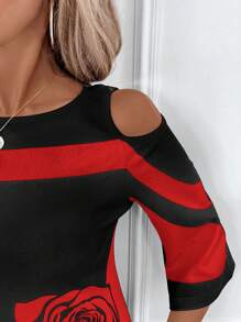 SHEIN Clasi Vestido midi elegante con hombros abiertos, estampado de rosas y bloques de color para mujer