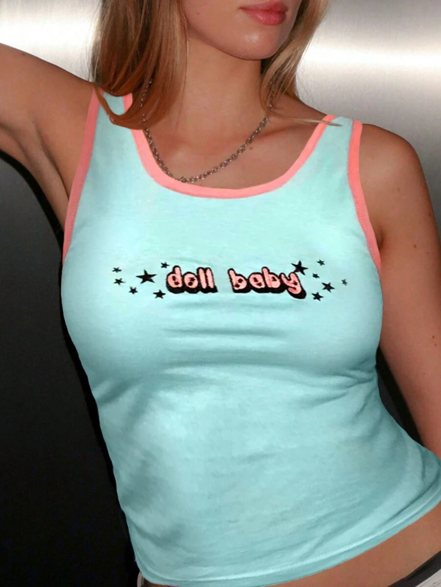 INAWLY 字母圖形對比綁定背心 - 藍色 - 查看 1