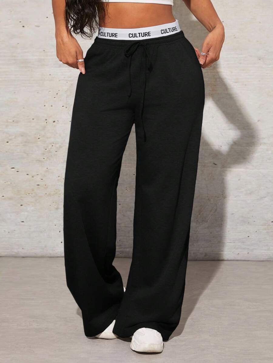 SHEIN SXY Women's Simple Letter Print Patchwork Casual Wide Leg Black Sweatpants - Black - View 1