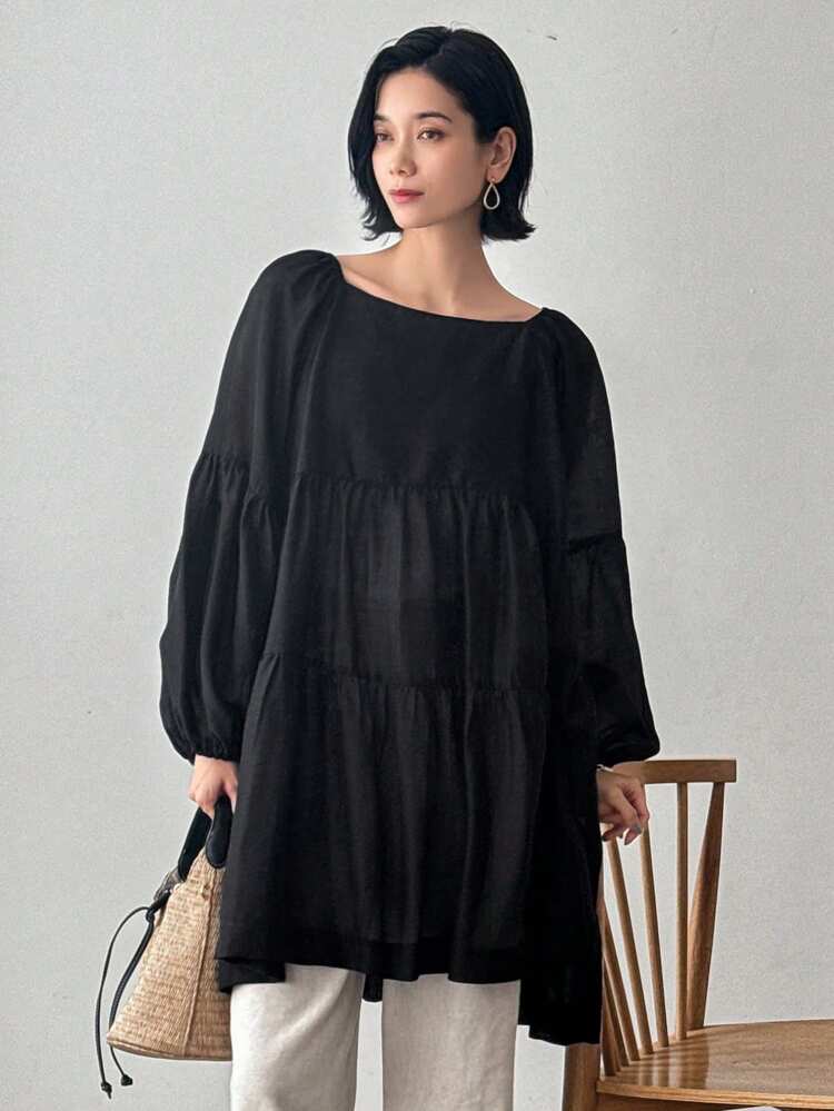 Women's Loose Fit Ruffle Trim Oversized Blouse Linen Long Sleeve Top