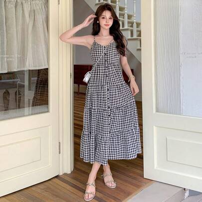 Women's Plaid Minimalist Casual Slip Dress Sundress Maxi Dress