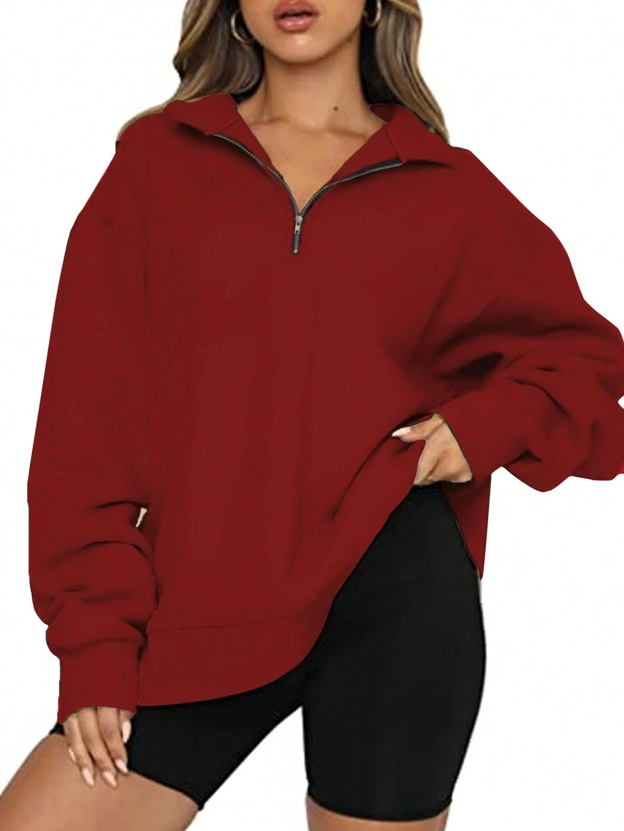 Plus Size Casual Zipper Long Sleeve Sweatshirt, For Everyday Wear - Red - View 1