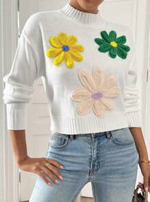 Chiquease Áo len nữ màu trắng dáng ngắn cổ cao, họa tiết hoa 3D, kiểu dáng thường ngày, thích hợp cho mùa tựu trường, thu đông. - trắng - Xem 4