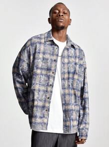 Manfinity VCAY Men's Plaid Embroidered Loose Fit Long Sleeve Casual Plaid Shirt, For Fall Winter - Blue - View 4