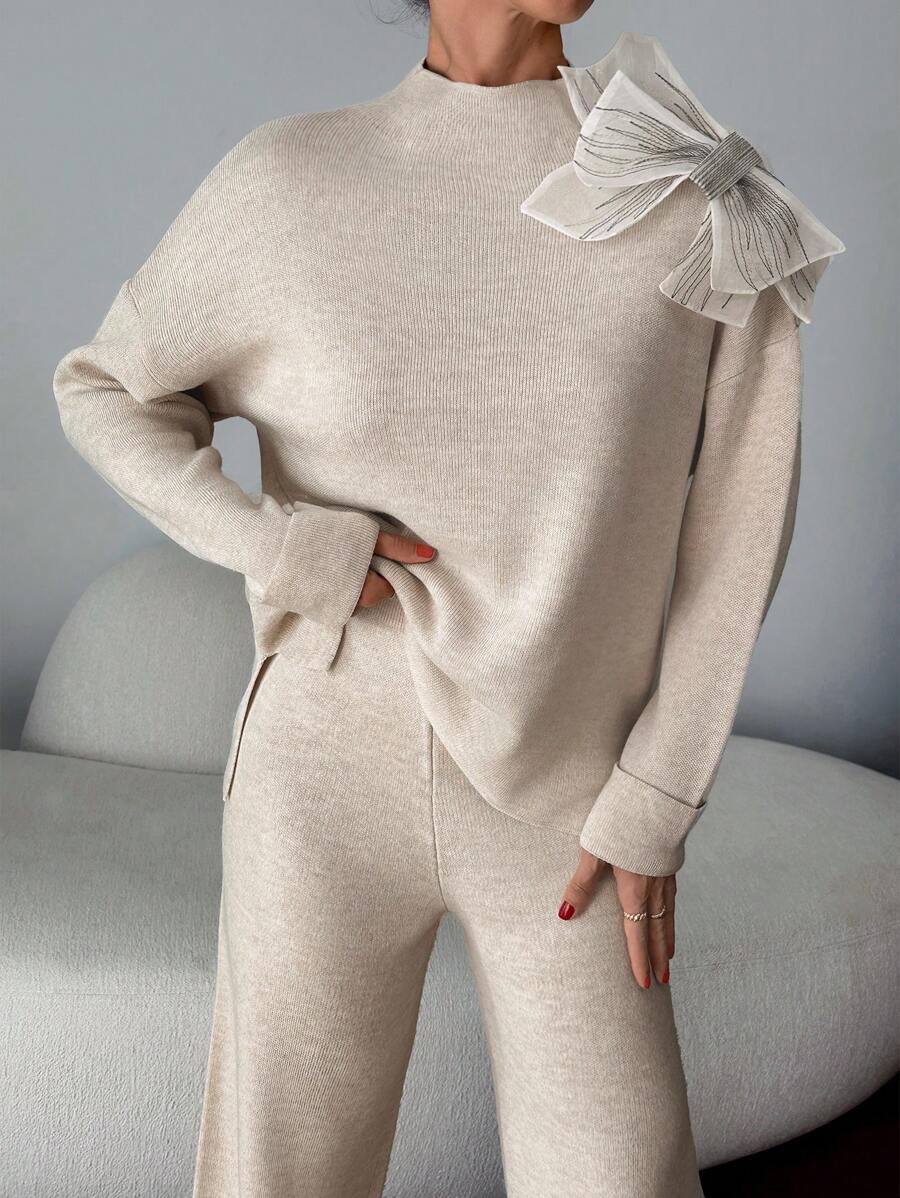 EURMUSE Women Sweater Sets With 3d Big Ribbon Detail - Beige - View 1